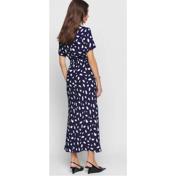 REFORMATION Medium Danika Draped Front Classical MIDI Dress In Navy Spatter EUC - Picture 3 of 15
